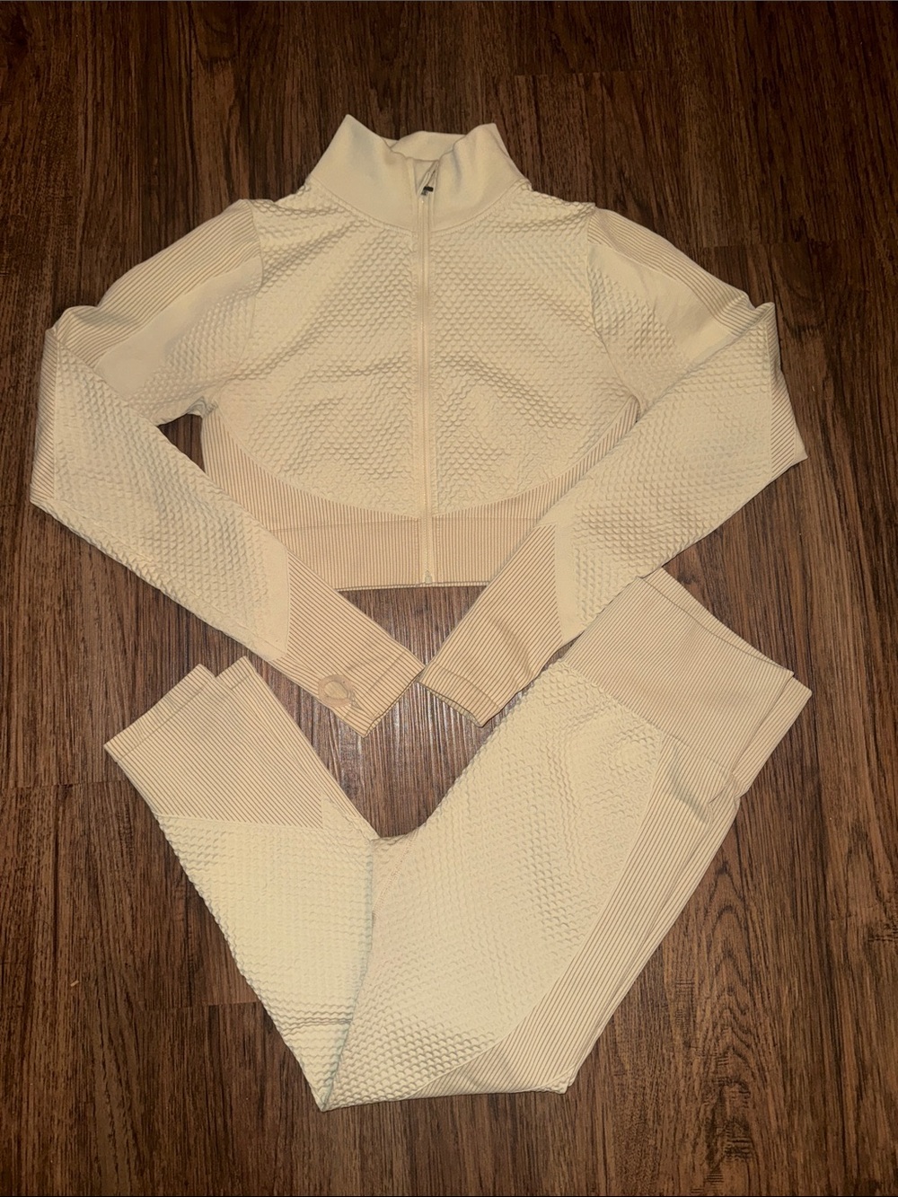 Neutral Textured Seamless Zip Crop Jacket & Legging Set